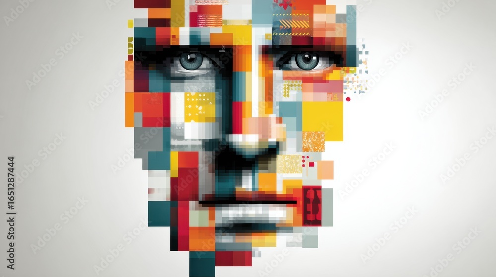 Poster abstract digital artwork featuring a stylized human face composed of colorful geometric patterns and