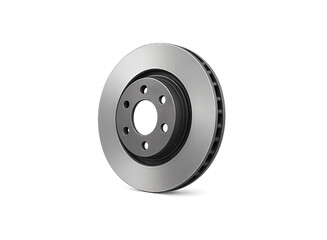 A single automotive brake disc rotor made of metal with ventilation holes and a central hub for mounting on a vehicle s axle isolated on transparent background