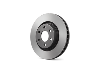 A single automotive brake disc rotor made of metal with ventilation holes and a central hub for mounting on a vehicle s axle isolated on transparent background