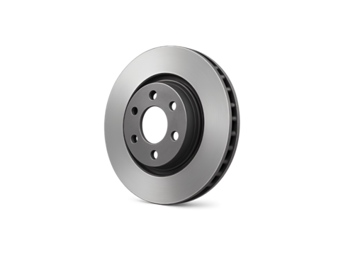 A single automotive brake disc rotor made of metal with ventilation holes and a central hub for mounting on a vehicle s axle isolated on transparent background