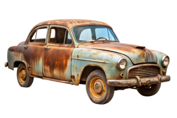  an old car with rust on it cutout and isolated on white background PNG.AI Generated.