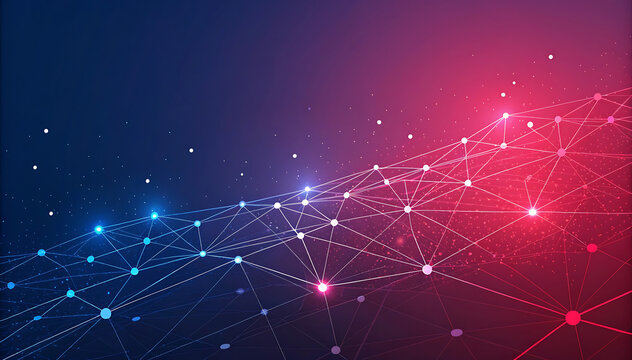 Interconnected network of data points symbolizing innovation with blue and red gradient