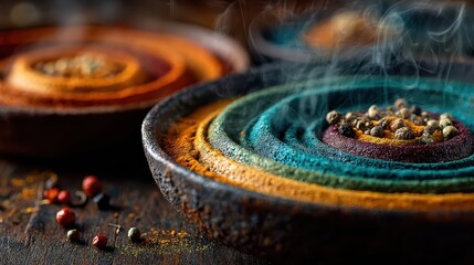 Colorful handwoven textiles with intricate patterns and vibrant hues displayed on rustic wooden table