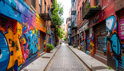 Fototapeta premium Vibrant Graffiti Art Adorns Alley Walls In Urban City Setting With Brick Buildings And Daylight
