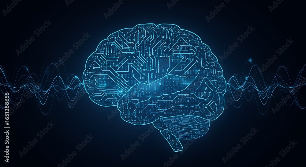 Poster digital brain circuitry with neural network connections and data flow abstract background