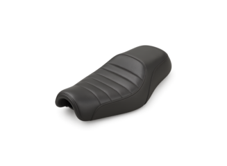 A black motorcycle seat with a textured ribbed surface designed for comfort and style isolated on transparent background