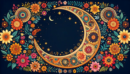 Floral Crescent Moon Surrounded By Flowers On Dark Night Background With Starry Sky