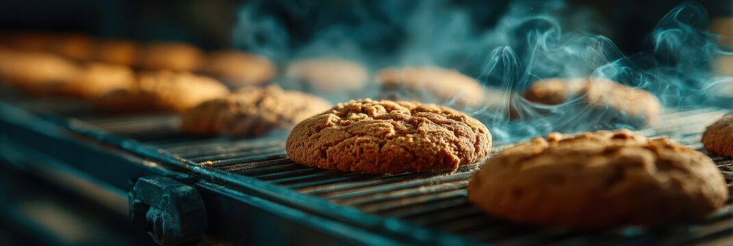Freshly baked cookies cooling on a rack in a warm kitchen with steam rising and golden-brown edges
