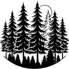 Fototapeta premium Silhouette of a forest with pine trees and a moon isolated on white background