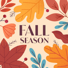 Autumn card with leaves,berries,foliage and plants.Vector fall season modern illustration.Trendy autumn template for prints,ad,social media marketing,branding,packaging,covers.