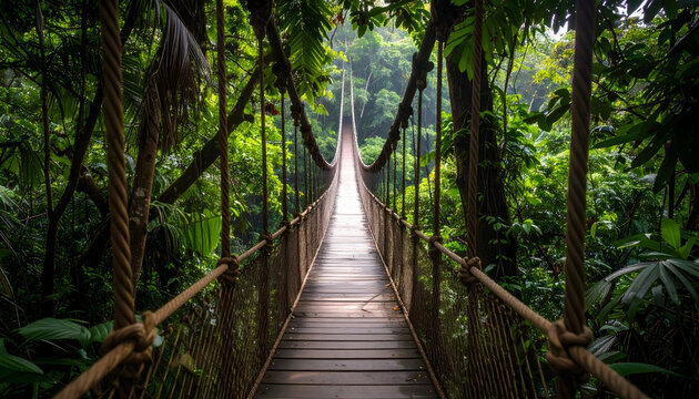 Wooden Suspension Bridge Spanning Lush Green Tropical Jungle Foliage Pathway Leading Through Dense Forest - Powered by Adobe