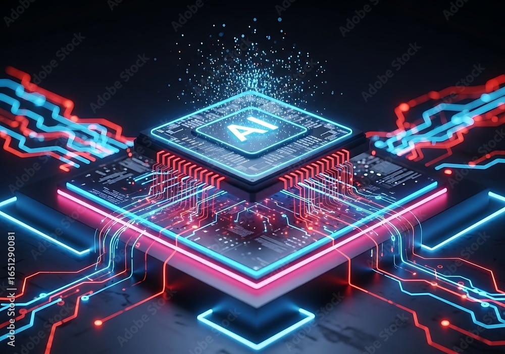 Poster futuristic ai processor with glowing circuits and data streams powering advanced technology