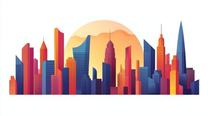 Obraz premium A vibrant skyline silhouette at sunset, featuring modern skyscrapers in various shapes and colors.