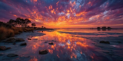 Vibrant sunset over calm water reflects a colorful sky near the shoreline in a tranquil landscape