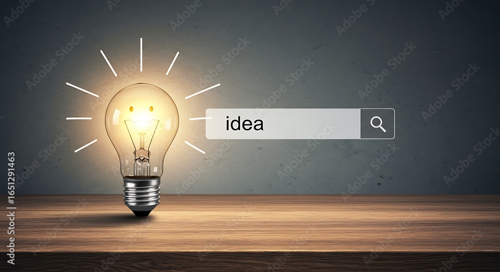 Poster illuminated lightbulb with search bar concept for generating new innovative ideas