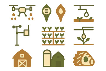Ag tech icons: irrigation, drones, and sensors