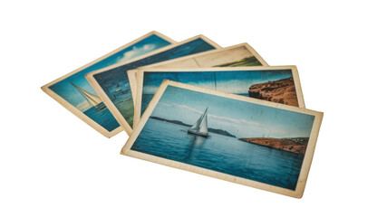 Fototapeta premium Stack of Vintage Postcards Featuring Sailing Boats and Seascapes