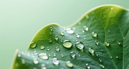Fototapeta premium Raindrops glimmering on green leaf nature close-up photography fresh environment