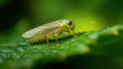 Close-up of a tiny green insect on a leaf.