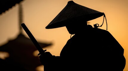Silhouette of a person in traditional attire holding a sword at sunset.