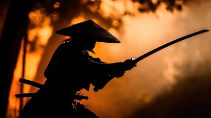 Silhouette of a samurai in action against a fiery backdrop.