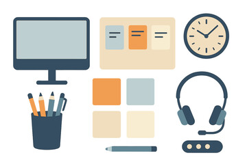 Vector illustration of modern office workspace with tools and clock