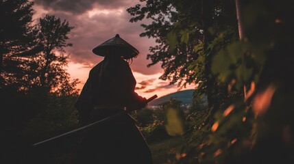 Silhouette of a person in traditional attire at sunset.