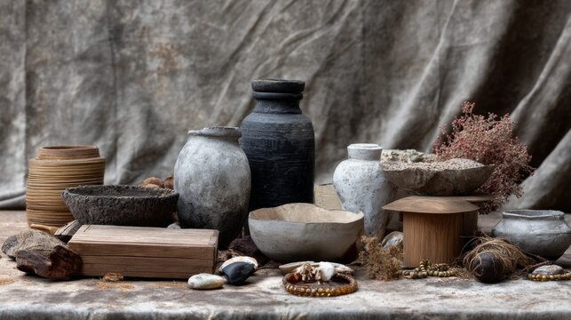 Rustic ceramic vessels with herbs and stones on linen for handcrafted product photography composition lifestyle branding traditional artisan visuals