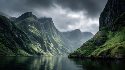 Mountains meet water on cloudy day, for adventure tourism & nature background