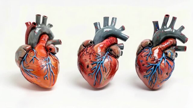 Three 3D models of the human heart on a white surface