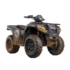Fototapeta premium A powerful ATV, dark gray or black, covered in a layer of mud. It is shown at an angle, showing off its large, deep-tread tires, robust shock absorbers and massive body. The mud on the wheels and body
