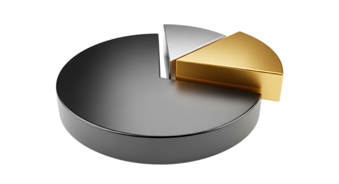Metallic Pie Chart Illustration with Golden and Silver Segments Depicting Financial Data and Market Share Representation in Business