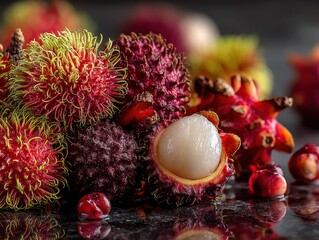 Close-up of fresh colorful rambutans and lychees on dark reflective surface with vibrant natural lighting