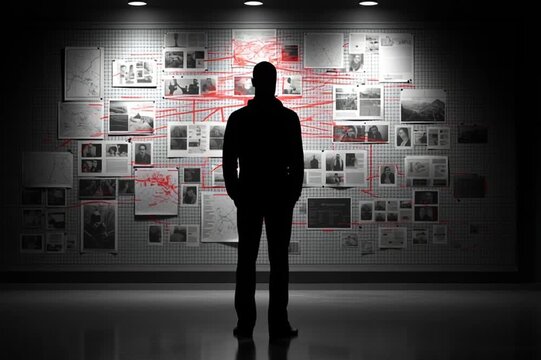 Silhouette analyzing document with forensic magnifying glass under dim lamp in dark room