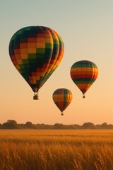 Fototapeta premium Colorful hot air balloons at sunrise over a serene field landscape