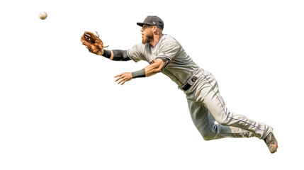 A determined male baseball player leaps to catch a flying ball, showcasing athleticism and focus.