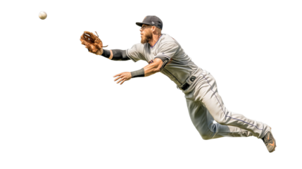 A determined male baseball player leaps to catch a flying ball, showcasing athleticism and focus.