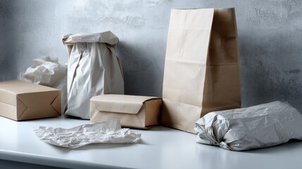 Eco friendly kraft paper packaging with reusable fabric bags for sustainability branding product photography zero waste minimalist composition visuals