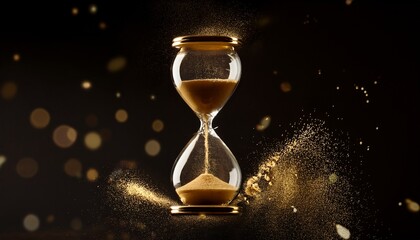 golden hourglass floating in the air with sand particles bursting on black background symbol of passing time and urgency