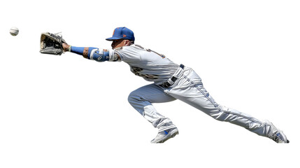Athletic male player diving to catch a baseball, showcasing his agility and determination in a dynamic move.
