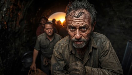 Obraz premium Close up of a weathered man in a dark tunnel with other figures and light in the background