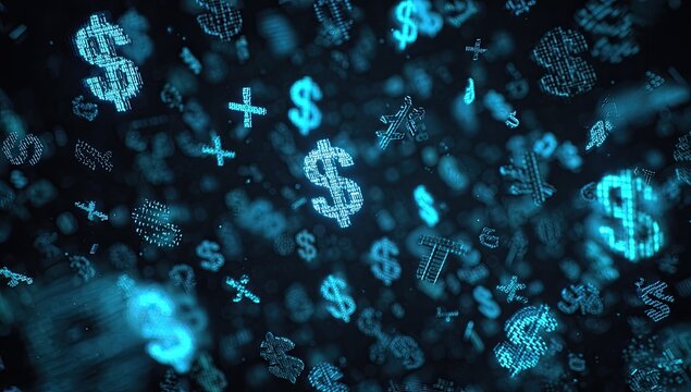 Abstract digital graphic of floating dollar signs and symbols