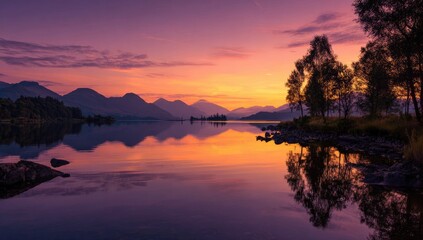 Serene lake sunrise panorama
