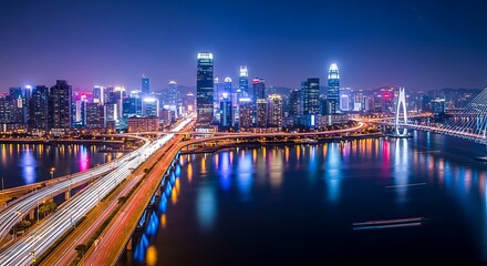 Obraz premium Stunning night cityscape with vibrant city lights reflecting on the water and illuminated bridges