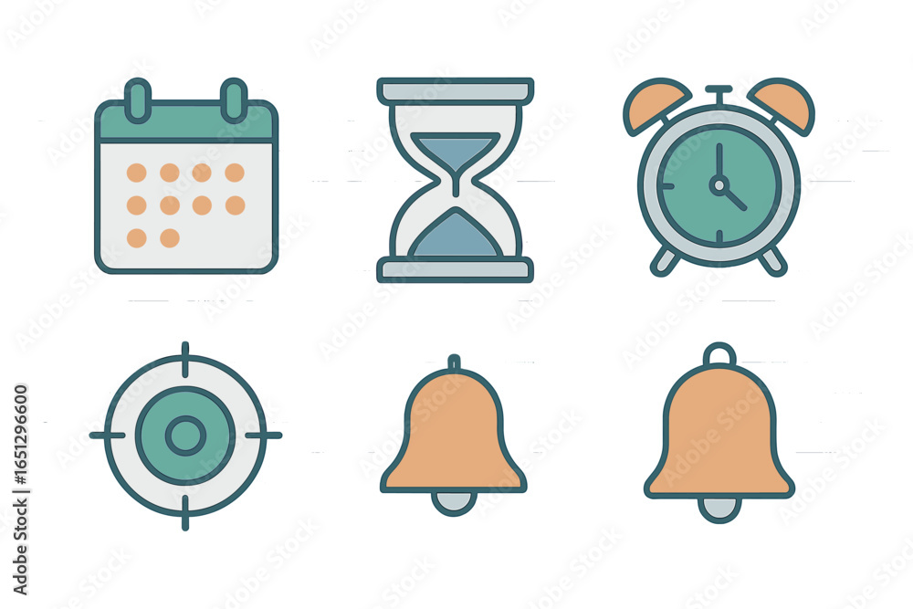Poster time management icons for scheduling and reminders in vector style