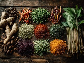 Obraz premium Assorted Fresh Organic Ingredients Including Ginger Lemongrass Herbs Spices and Vegetables on Rustic Wooden Surface