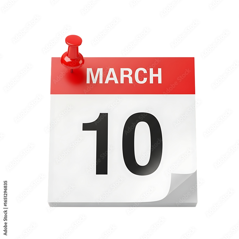 Poster march 10th calendar page with red pushpin isolated on transparent background for appointment and rem