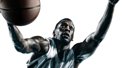 Athletic Black male basketball player in action, soaring for a slam dunk against a stark black background.