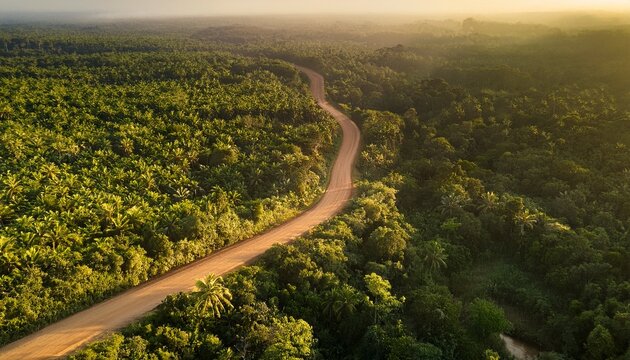 aerial view of winding dirt road cutting through lush green jungle tropical patterns and natural symmetry at golden hour