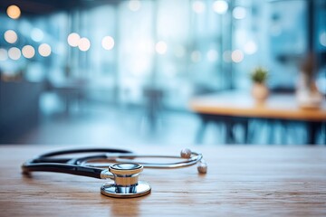 Medical stethoscope on a wooden table, blurred background of a clinic